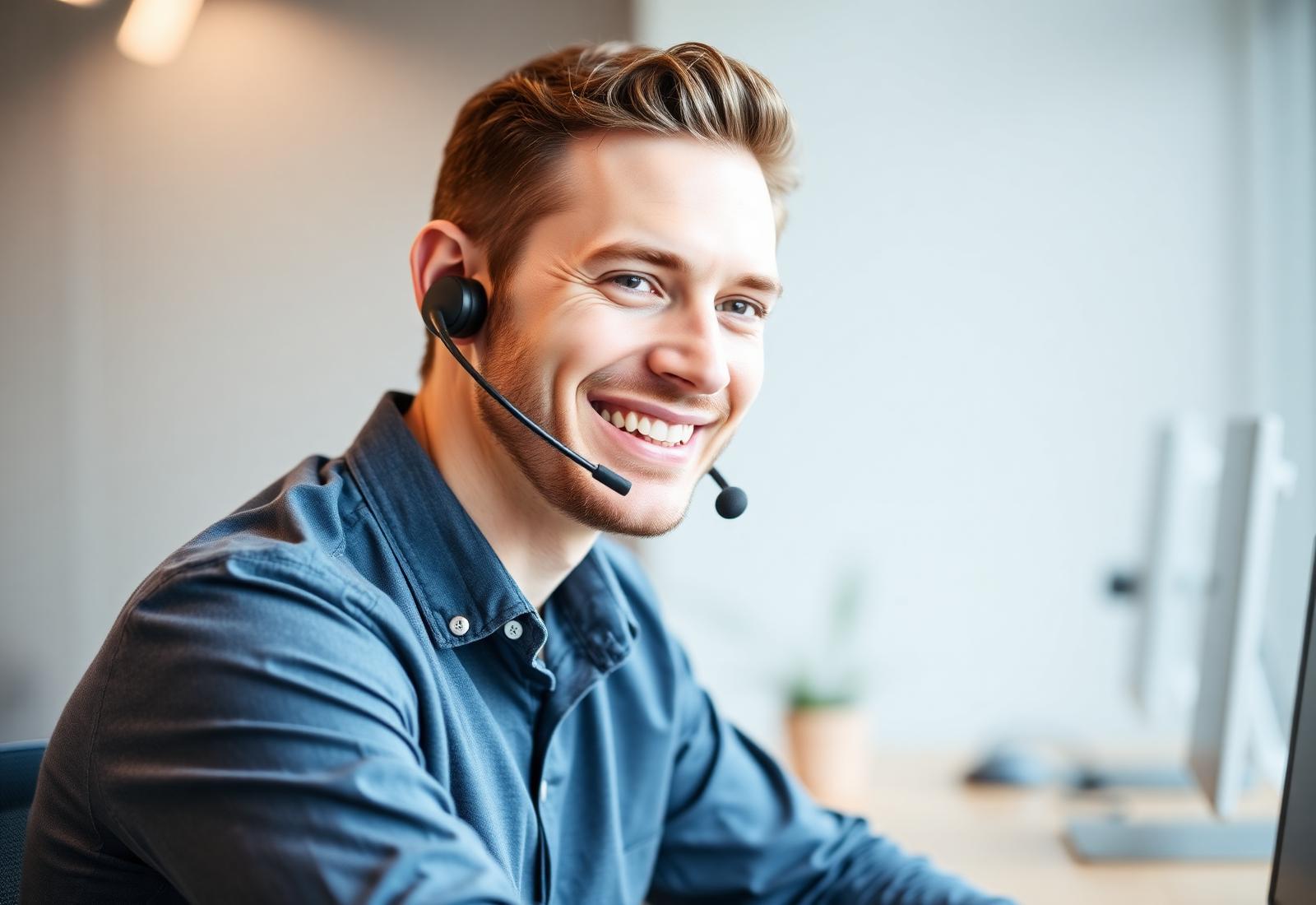 Atendente de suporte sorrindo com headset
